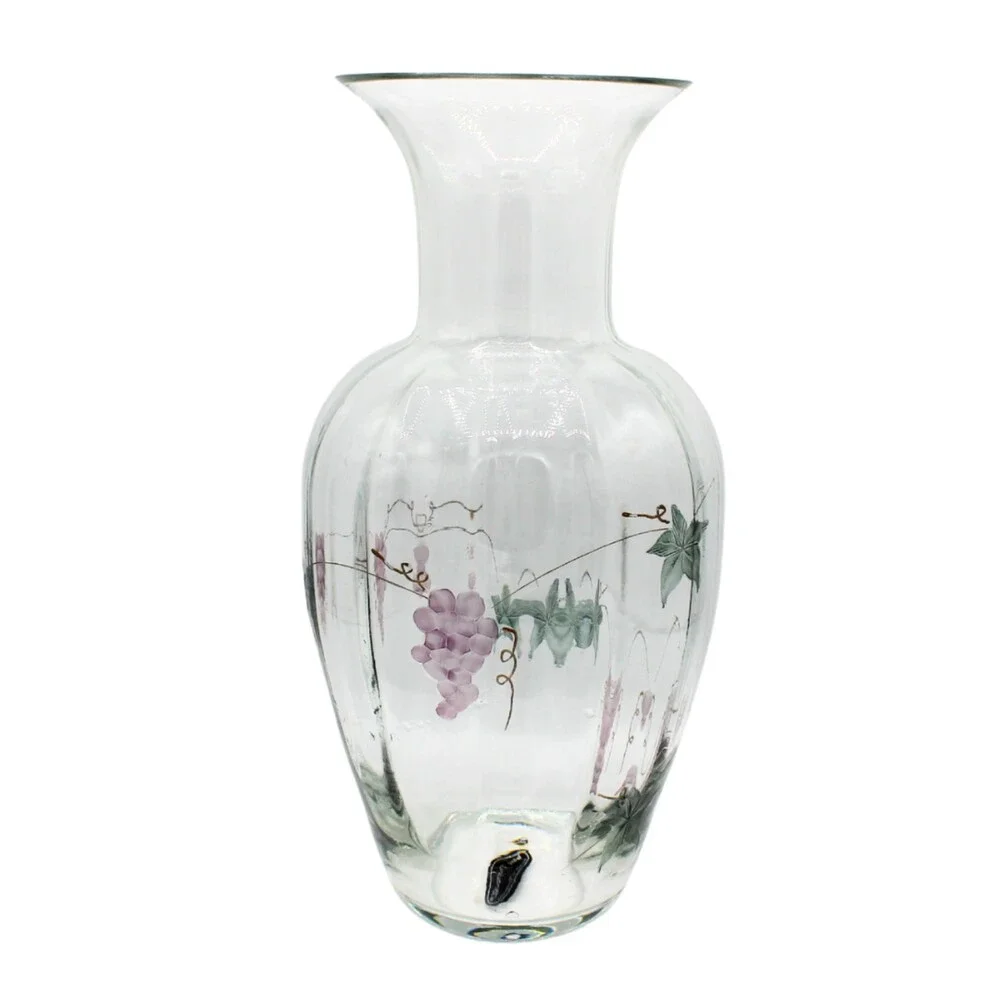 Vintage Large Glass Vase Etched Grape Design Hand Painted Accents by Wine Things